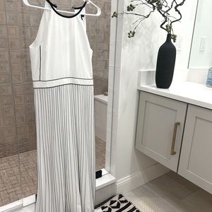 chic white with black accent long dress with halter top| banana republic